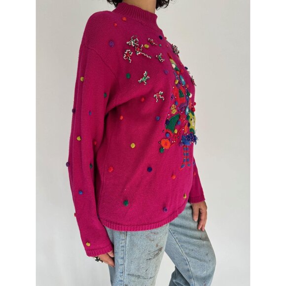 90s vintage pink festive holiday novelty embroidered ugly christmas knit sweater - Picture 5 of 10